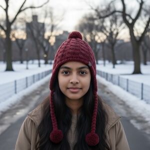 North Face Womens Cozy Pink Burgundy Red Knit Hat Pom Poms Warm Cozy Winter OS